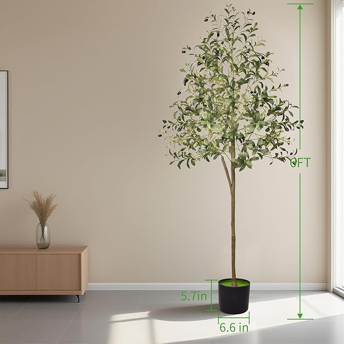 Artificial Olive Trees Indoor, 5.91FT Tall Faux Fake Potted Olive Tree with Natural Branches and Fruits, Modern Artificial Trees for Home Decor Office Living Room