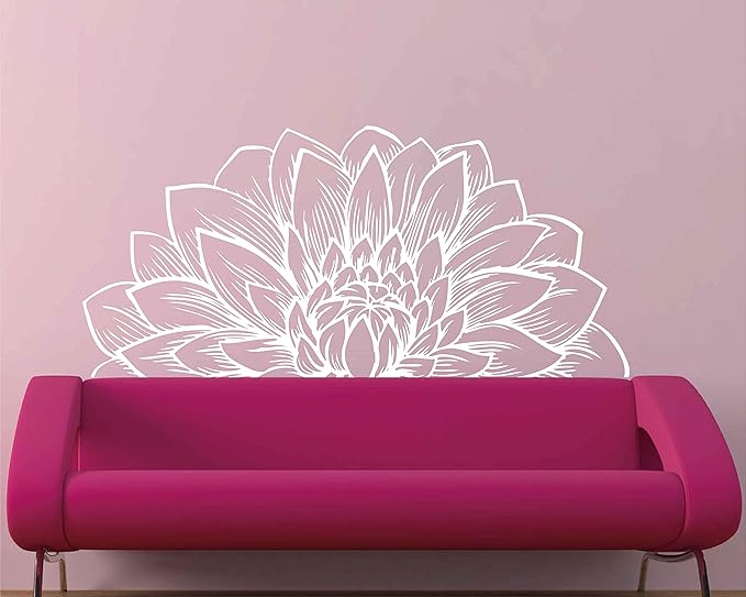 Mandala in Half Dahlia Wall Decal Lotus Flower Interior Home Decor Meditation Mandala Wall Art Stickers BA787 (White, M-15.7X31.5inch)