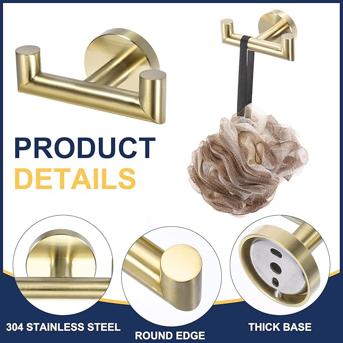 uxcell Double Towel Hook, Stainless Steel Coat Hook, Wall Mount Robe Hooks Hand Towel Hanger for Bathroom Kitchen Living Room, Brushed Gold