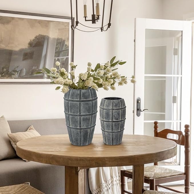 Briful Rustic Terracotta Flower Vase for Home Decor – 9" Blue Farmhouse Textured Barrel-Style Ceramic Vase Vintage Handcrafted Gridded Design for Faux & Dried Flowers Living Room Table Centerpiece