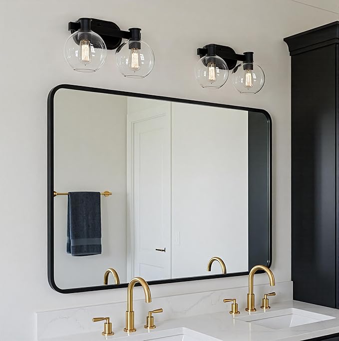 Dan Modern Farmhouse 2-Light Vanity Light Wall Sconce Lighting with Clear Glass Globe Shade in Light Black Finish for Bedroom, Hallway, Kitchen