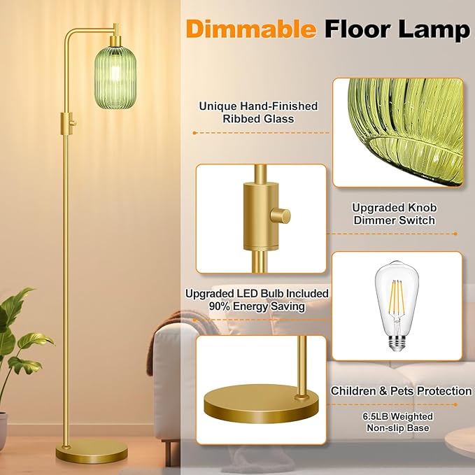 【Upgraded】 Dimmable Glass Floor Lamp for Living Room, Modern Gold Standing Lamp with Green Ribbed Glass Lampshade & Knob Dimmer, Arc Tall Lamp for Bedroom Office Reading Room, 2700K Led Bulb Included