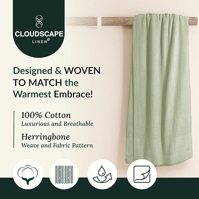 Cloud Scape Linen Herringbone Cotton Throw Blanket for Couch, Bed,Sofa, Home Decor, Soft, Lightweight, All-Season Bed Blanket, 50 x 70, Seafoam Green