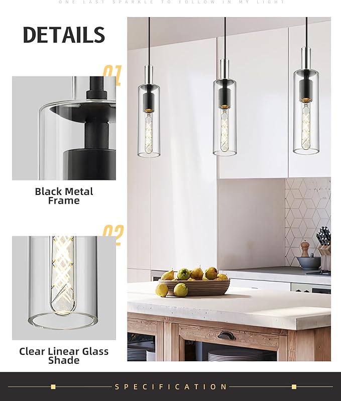 AUTELO 2 Pack Pendant Lights Kitchen Island, Modern Black Pendant Lights, Cylinder Glass Pendant Light Fixtures, Kitchen Pendant Lighting Over Island, H3875 BKNR-2PK