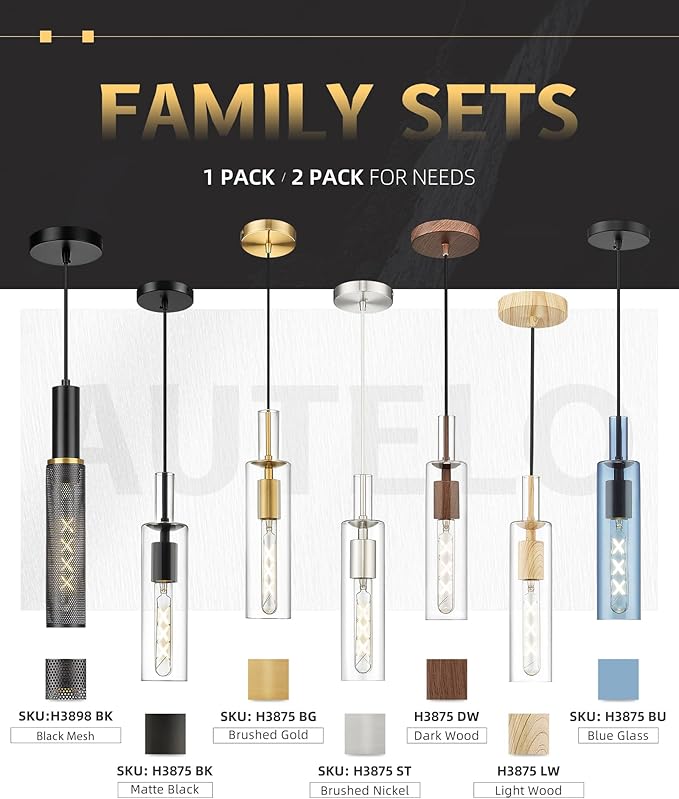 AUTELO 3-Pack Pendant Lights Kitchen Island, Brushed Gold Pendant Light Fixtures, Vintage Pendant Lights with Clear Cylinder Glass, Hanging Light for Kitchen Island, Dining Room, H3875 BG-3PK