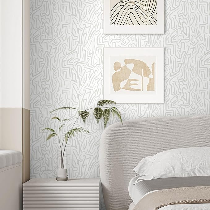 Ismoon 137"x17.3" White Grey Wall Paper Peel and Stick Modern Striped Wallpaper Neutral Stick on Wallpaper Removable Self-Adhesive Contact Paper for Cabinets Waterproof Bathroom Vinyl