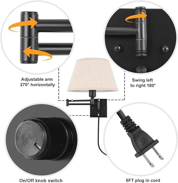TRLIFE Wall Sconce Plug in, Remote Control Dimming 10-100% and Adjustable Color Temperature 2700K-6500K Swing Arm Wall Lights with Plug in Cord, 11.8" Large Beige Fabric Shade(2 Pack, 2 Bulbs)