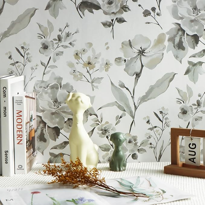 Vinjiasin Wallpaper Peel and Stick Black and White Ink Floral Contact Paper Vintage Flower Leaf Wall Paper for Bathroom Bedroom Self Adhesive Removable 16.1"x 118"