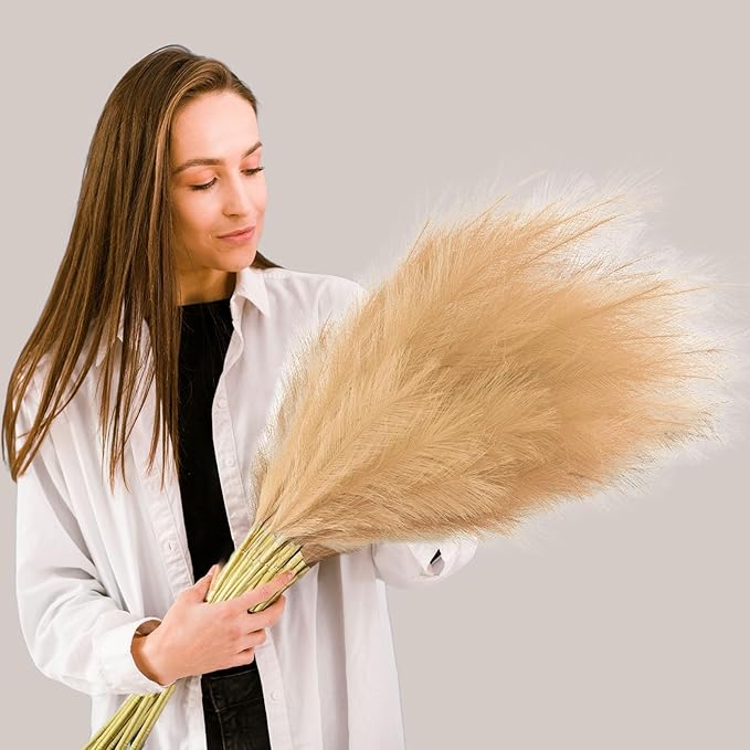 8 Pcs Khaki Tall Faux Pampas Grass Decor, 45 Inches Artificial Pampas Grass Bulk, Large Faux Pompas Dried Decor for Floor Vase Filler, Home Boho, Wedding Anniversaries, Baby Shower Decoration