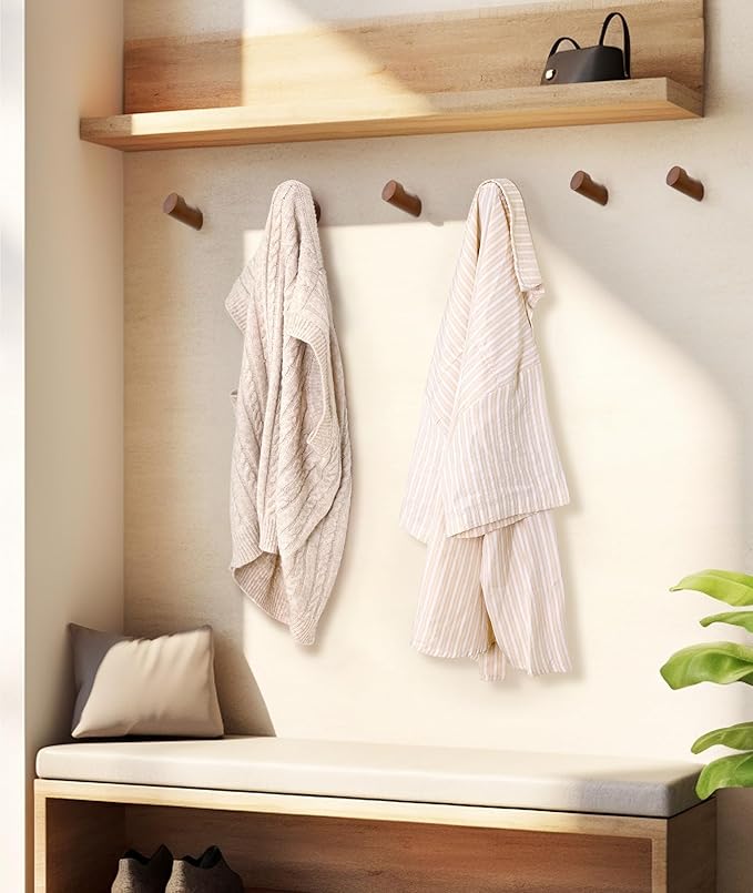 Wood Wall Hooks for Hanging, 4 Pack Hat Hook for Walls, Coat Hook Wall Mount, Backpack Hooks for Walls, Bathroom Towel Hanger (Walnut)