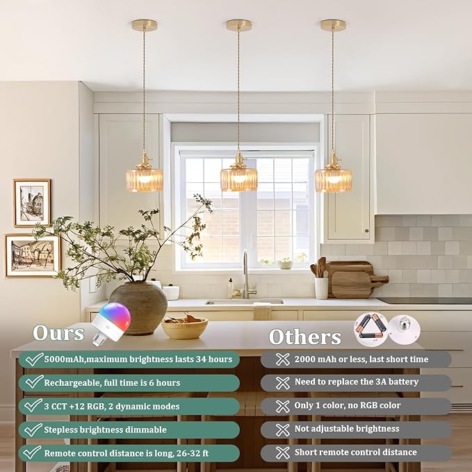 Battery Operated Pendant Light 5000mAh Rechargeable Chandelier with Remote Control Wireless Adjustable Hanging Amber Striped Light for Kitchen Island Dining Room Hallway