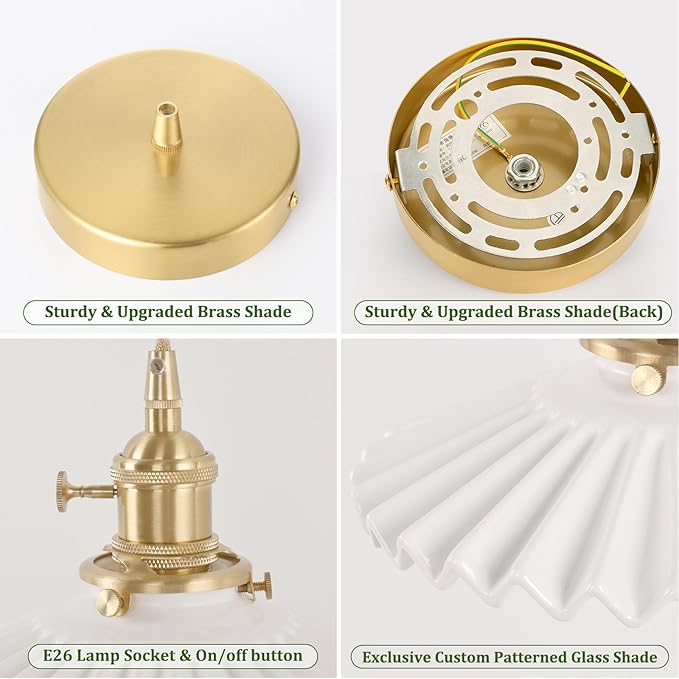 Pendant Light 2 Pack with White Pleated Ceramic Lmapshade, Brass Vintage Pendant Light Adjustable Hanging Light for Kitchen Island Dining Room Hallway
