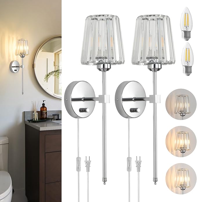 Crystal Wall Sconces Set of 2, Dimmable Wall Sconce with Plug in Cord and Dimmer Chrome Plug in Wall Lamp Wall Mounted Light with Crystal Shade for Living Room Bedroom Vanity Light, Bulbs Included