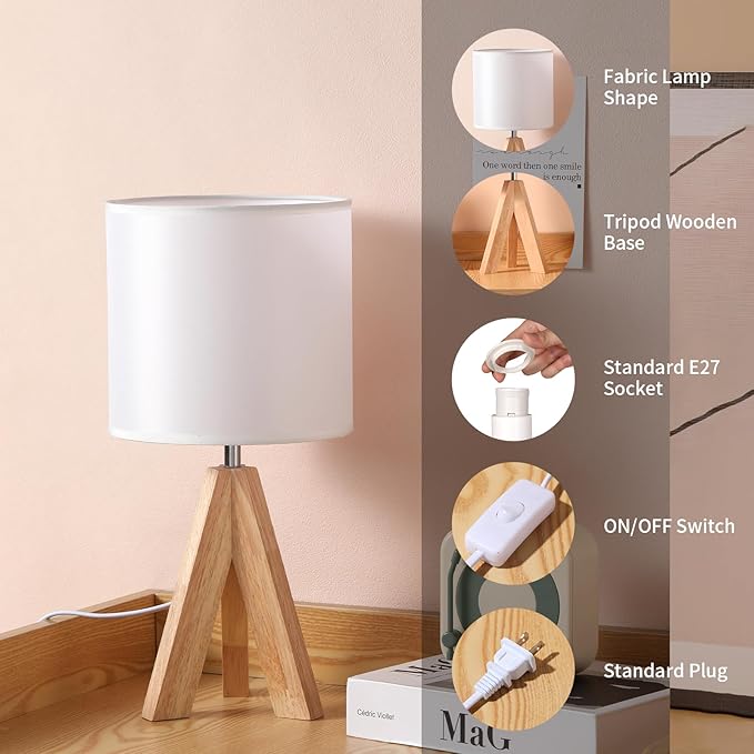 Table Lamp,Small Tripod Desk Lamp with Linen Fabric Lampshade,14.9",Tri-Color 5W Wooden Table Lamp for Living Room,Kids Room,Nursery (White)