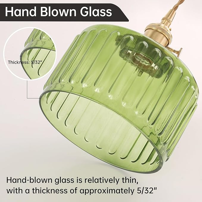 Pendant Light with Green Striped Glass Lmapshade, Brass Vintage Pendant Light Adjustable Hanging Light for Kitchen Island Dining Room Hallway