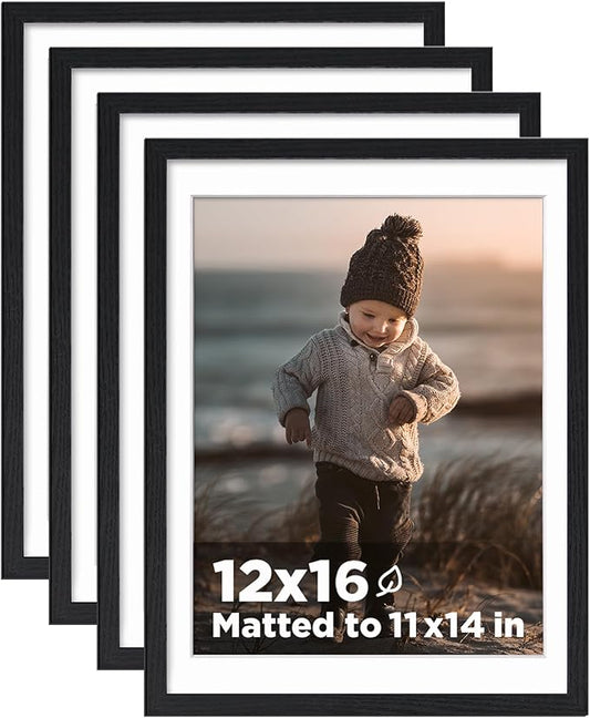 KINLINK 12x16 Picture Frame Black Wood, Wooden 16x12 Photo Frames with Plexiglass for 11x14 Picture with Mat or 12x16 Without Mat, Perfect for Art Wall and Tabletop Display 12 x 16 frame Set of 4
