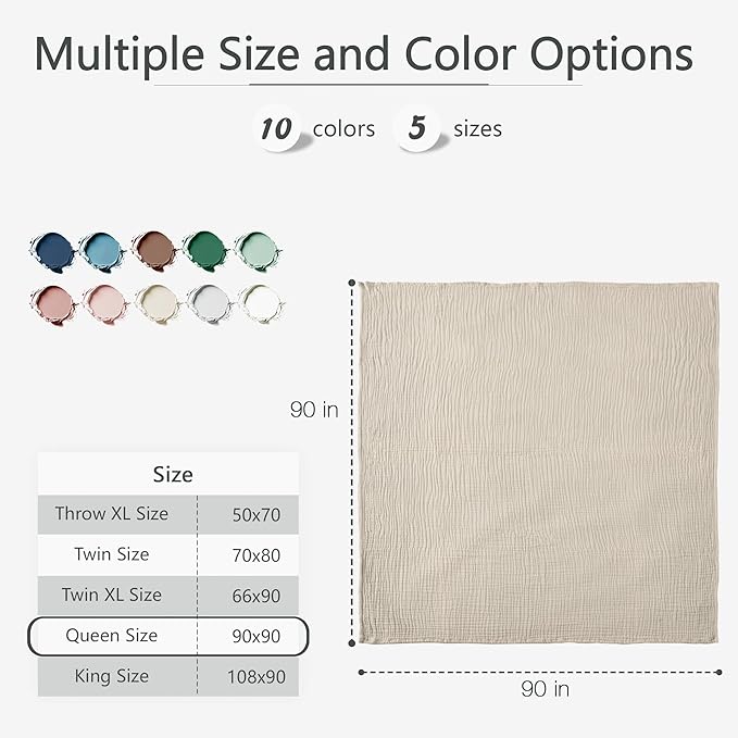 Carriediosa 100% Cotton Muslin Throw Blanket 90" X 90" Queen Size，4-Layers Summer Gauze Throws for Bed Couch，Soft Lightweight Breathable Linen Blankets Bedspread for Adults All Season，Khaki