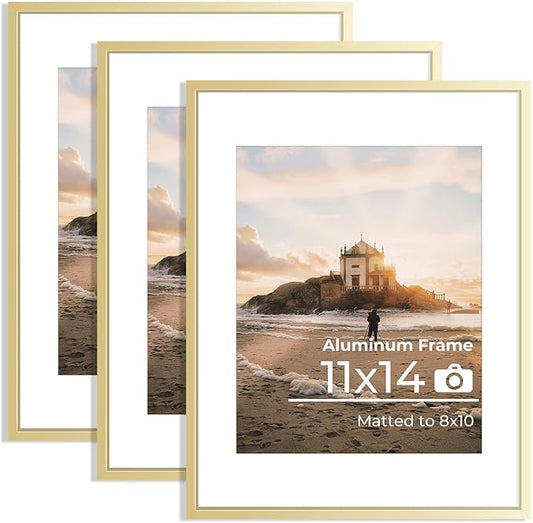 11x14 Aluminum Picture Frame Golden, 11 x 14 Metal Photo Frames with Removable Mat for 8 x 10 Photo, Metal Poster Frame Sawtooth Hanger for Easy Wall Display, Set of 3