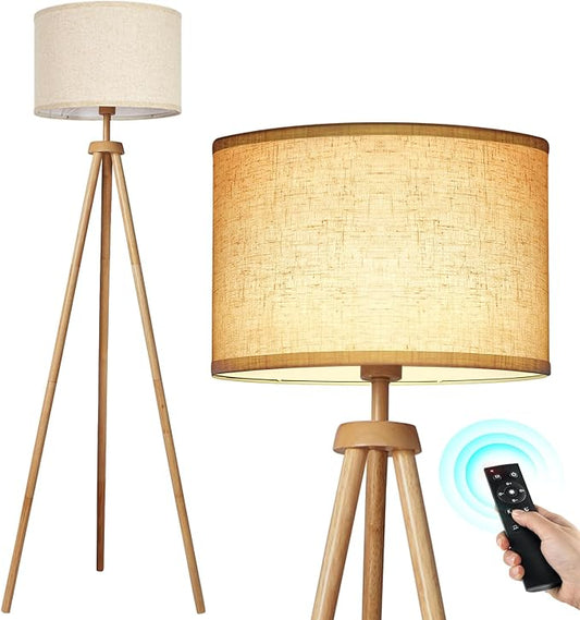 OUTON Tripod Floor Lamp, Floor Lamp with Remote Control, 4 Color Temperature, Modern Dimmable Tall Standing Lamp with Beige Linen Texture Shade for Living Room, Bedroom, Office (Nature Wood)