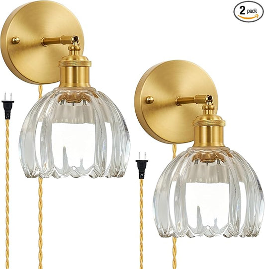 Plug in Wall Sconces Set of 2, Vintage Wall Lamp with Plug in Cord Clear Tulip Shade Decor Indoor, Gold Wall Light for Bedroom Bedside Kids Living Room Bathroom