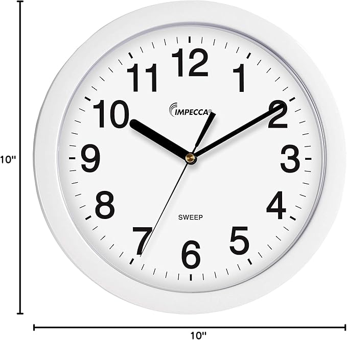 Impecca 10-inch Silent Wall Clock Non Ticking Excellent Accurate Sweep Movement Plastic Frame, Decorative for Kitchen, Living Room, Bedroom, Bathroom, Bedroom, Office, White