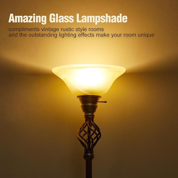 Torchiere Floor Lamp for Living Room, LED Standing Reading Light for Bedroom with Glass Shade for Living Room Corner Bedroom Home Office,Bulbs Included (Yellow Lampshade, Glass 1 Head)