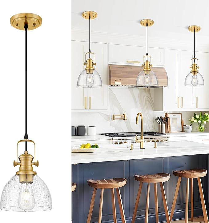Pendant Lights Kitchen Island, 7.5" Farmhouse Pendant Lighting with Clear Seeded Glass Shade, Vintage Hanging Light Fixtures for Dining Room, Brushed Gold, AD-22151-1P-GD