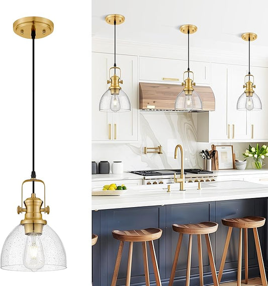 Pendant Lights Kitchen Island, 7.5" Farmhouse Pendant Lighting with Clear Seeded Glass Shade, Vintage Hanging Light Fixtures for Dining Room, Brushed Gold, AD-22151-1P-GD