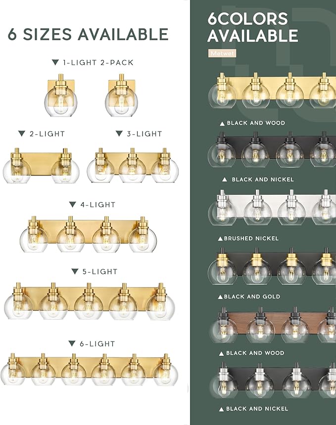 Bathroom Light Fixtures, 2 Light Brushed Gold Vanity Light, Modern Wall Sconces with Clear Glass Globe Shade, Bathroom Wall Lights Over Mirror Kitchen Bedroom Hallway, VL195-GD-2