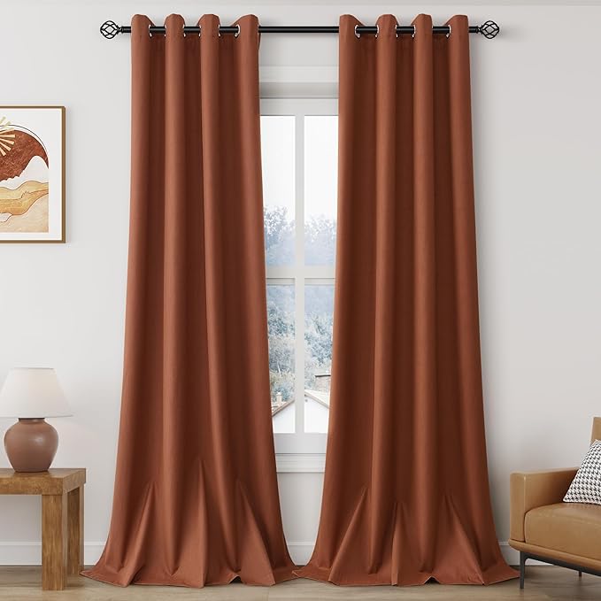 Grommet Terracotta Blackout Linen Curtains 96 inches Long for Bedroom Full Light Blocking Thermal Insulated Black Out Curtain Panels 96 Inch Length Energy Saving Room Darkening Curtain White Backing