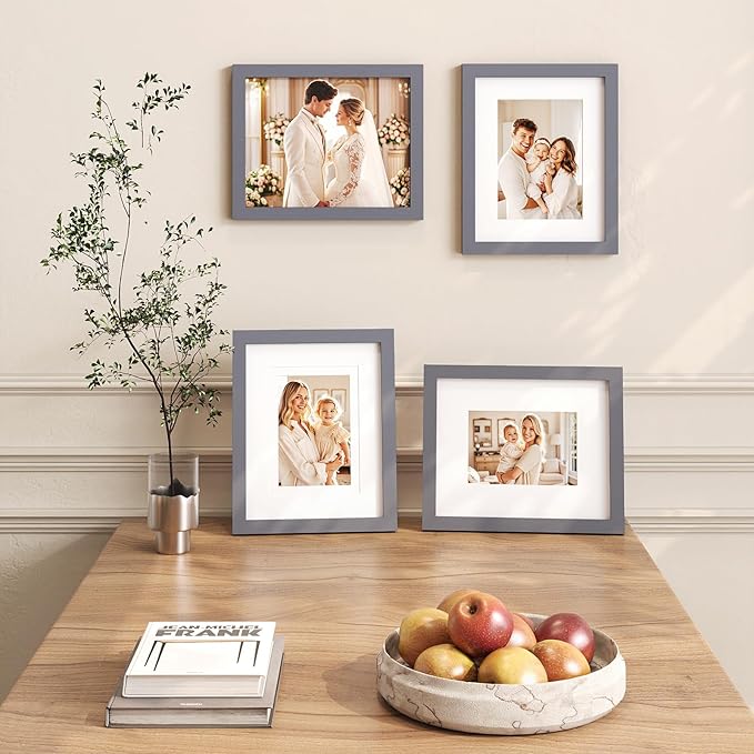 Egofine 8x10 Picture Frames 4 Pack - Wood Frames Covered by Plexiglass for Pictures 4x6 or 5x7 with Mat or 8x10 Without Mat, Photo Frames for Table Top and Wall Display, Dark Gray