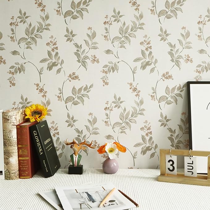 Vinjiasin Peel and Stick Wallpaper Beige Floral Contact Paper Vintage Flower Leaf Self Adhesive Removable Wall Paper for Bathroom Bedroom Livingroom 16.1"x 118"