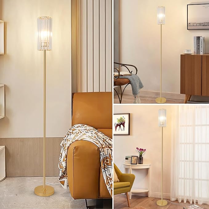HMVPL Gold Floor Lamp for Living Room, Brass Pole Standing Lamp with K9 Crystal Shade, Modern Corner Standing Lamp for Bedroom with On/Off Switch, Elegant Crystal Tall Lamp for Office Kids Girls Room