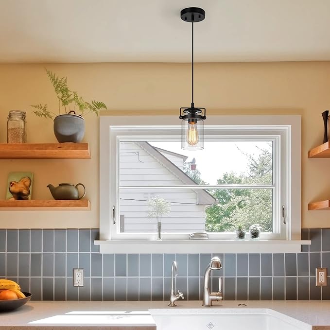 Industrial Pendant Lighting for Kithen Island, 1 Light Mini Hanging Pandent Light Fixture with Clear Glass Shade Adjustable Farmhouse Ceiling Light for Kitchen Island Dining Room Living Room