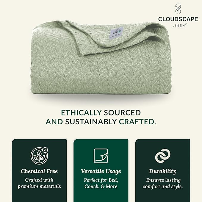 Cloud Scape Linen Herringbone Cotton Throw Blanket for Couch, Bed,Sofa, Home Decor, Soft, Lightweight, All-Season Bed Blanket, 50 x 70, Seafoam Green