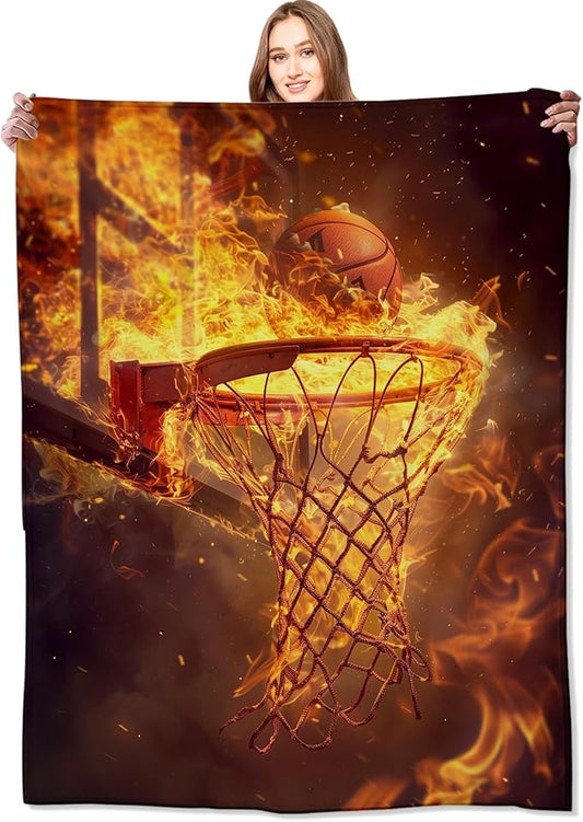 Fiery Basketball Blanket Dynamic Ball Hoop in Flames Throw Blankets,Birthday Gifts for Adult & Sport Lovers,Lightweight Soft Fleece for Sofa Couch Bed Room Travel Decor 40x50in