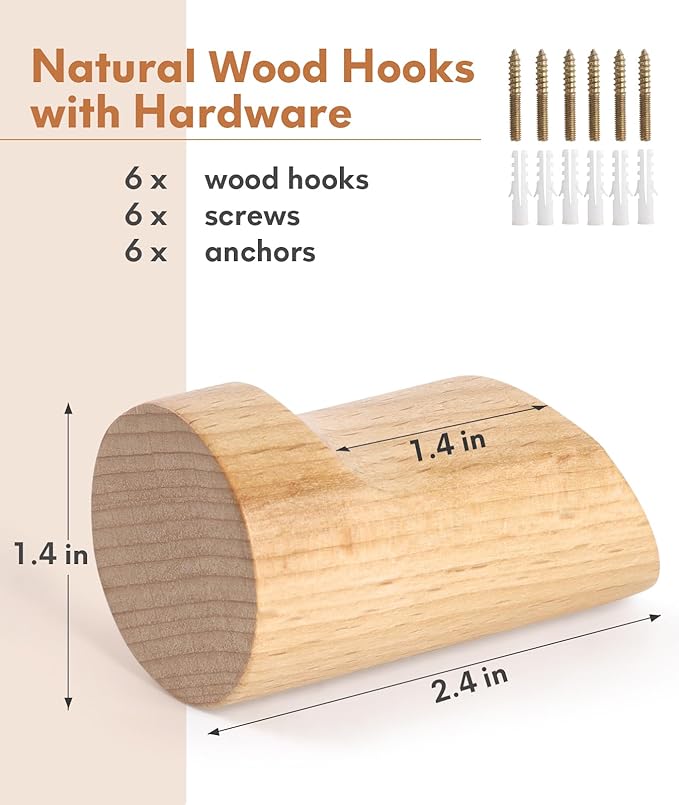 Wood Wall Hooks for Hanging, 6 Pack Hat Hook for Walls, Coat Hook Wall Mount, Backpack Hooks for Walls, Bathroom Towel Hanger (Natural)