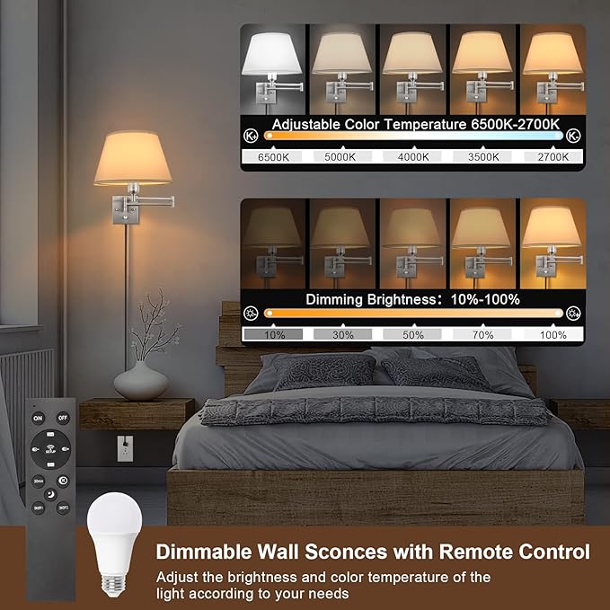 TRLIFE Dimmable Wall Sconce with Remote Control, Adjustable Color Temperature 2700K-6500K and Dimming 10-100% Swing Arm Wall Lights with Plug in Cord, 11.8" Large White Fabric Shade(2 Pack, 2 Bulbs)