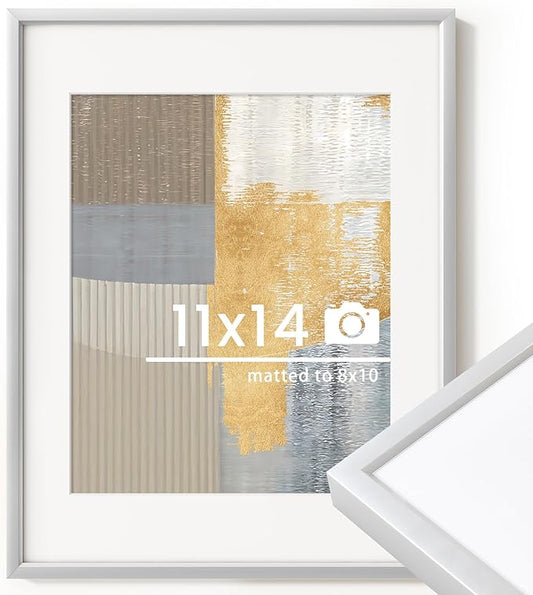 11x14 inch Metal Picture Frame - 11 x 14 Thin Aluminum Photo Frames with 8x10 Removable Mat - High Definition Plexiglass - Vertical and Horizontal Display - Wall Hook Hanging Hardware Included - Silver, Set of 1