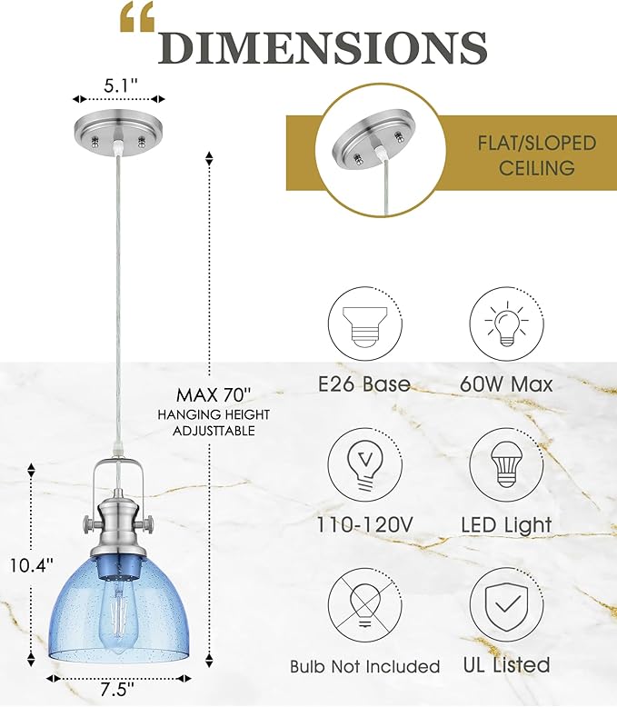 2 Pack Pendant Lights Kitchen Island, 7.5" Farmhouse Pendant Lighting with Blue Seeded Glass Shade, Vintage Hanging Light Fixtures for Dining Room, Brushed Nickel Finish, AD-22151-1P2-SN-BL