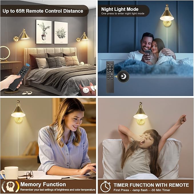 TRLIFE Dimmable Wall Sconce with Remote Control, Brushed Brass Plug in Wall Sconces Adjustable Color Temperature 2700K-6000K, Swing Arm Wall Lights with Plug in Cord, UL Listed(2 Pack, 2 Bulbs)