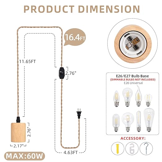 Arturesthome Wood Pendant Light Cord Kit with Dimmable Switch,16.4FT Vintage Industrial Hanging Plug in Lamp Cord with Twisted Nylon Rope Socket E26 E27 for Farmhouse Lamp Cable Retro DIY