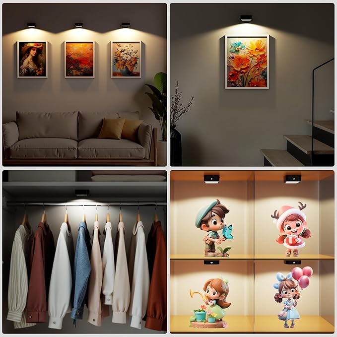 3 Pack Picture Lights for Wall, Rechargeable Battery Operated Wall Lights, Picture Frame Lights with 3 Lighting Modes, Wireless Magnetic Painting Light with Remote Control Timer (Black, 3 Pack)