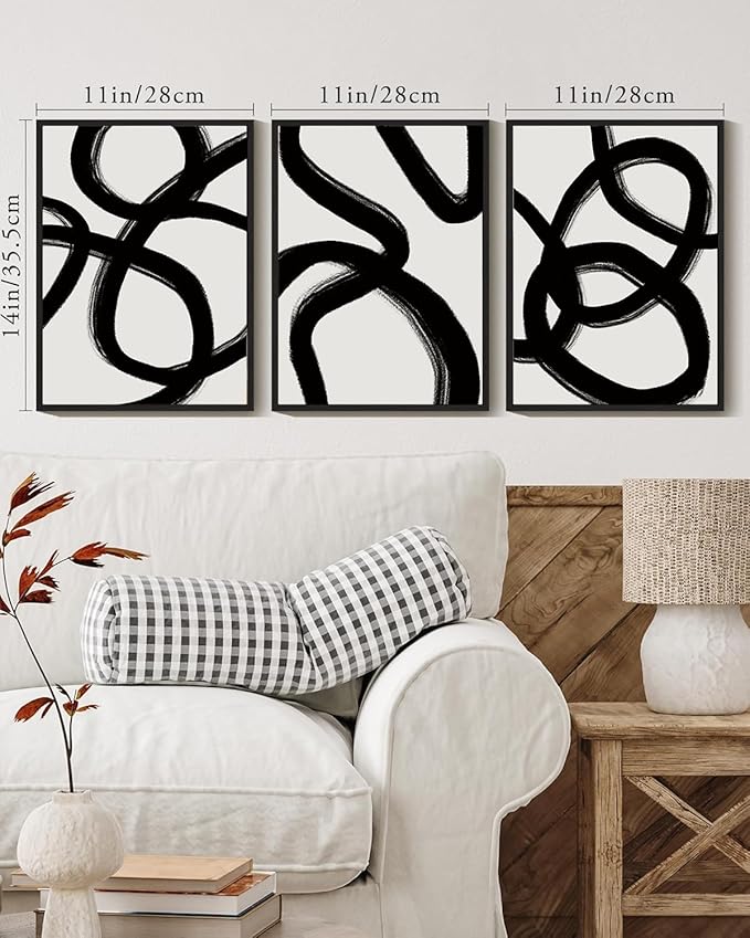 KUVIOKE Black and White Abstract Framed Wall Art Minimalist Ink Wash Lines Painting Artwork for Bedroom Hallway 11x14in (Black Framed)