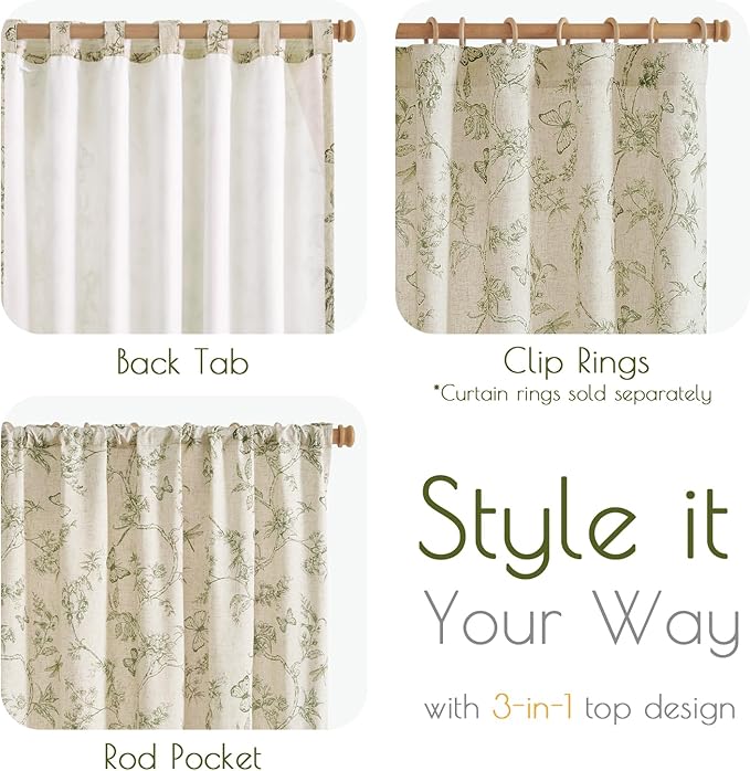 Lazzzy Farmhouse Lined Linen Green Floral Curtains 96 Inch Long Back Tab Drapes for Living Room Bedroom Light Filtering Country Vintage Rod Pocket, 2 Panels, Green on Beige