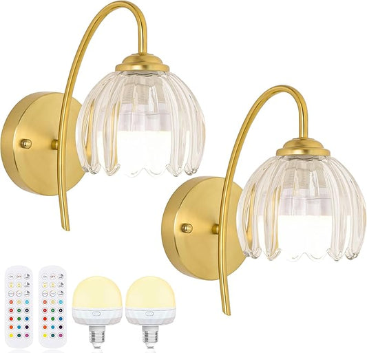 Vintage Battery Operated Wall Sconce with Flower lampshade,Rechargeable Battery Powered Wall Lights,Wall lamp with 15 Colors for Bedroom Living Room Home Decor (Clear Tulip, 2 Light Battery Operated)
