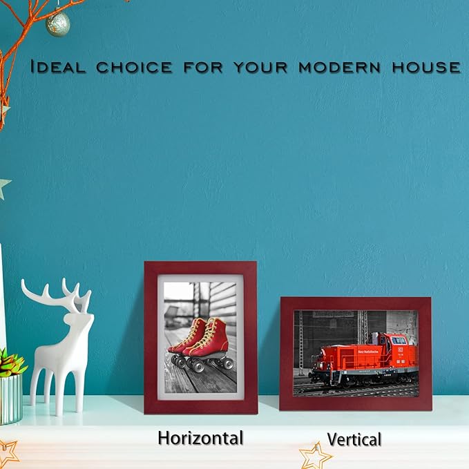 Egofine 5x7 Picture Frames 4 Pack Covered by Plexiglass for Picture 4x6 with Mat or 5x7 whitout Mat Made of Solid Wood for Table Top Display and Wall Mounting Photo Frame, Cherry Red