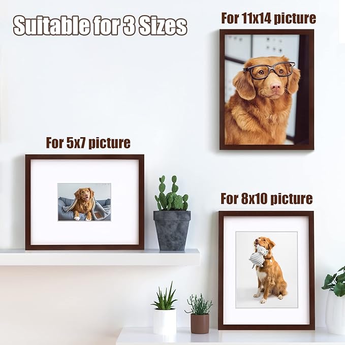 Egofine 11x14 Picture Frames Made of Solid Wood with Plexiglass, Display Pictures 5x7/8x10 with Mat or 11x14 Without Mat Set of 4 for Tabletop and Wall Mounting, Walnut Color