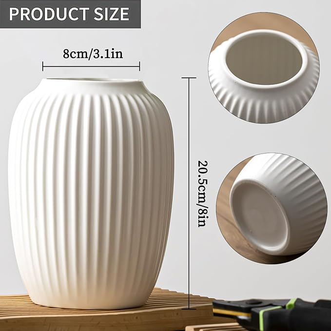 White Ceramic Vase for Modern Home Decor, Minimalistic Nordic Boho Matte Vase for Decorating Farmhouse Central Location, Perfect for Wedding Table Living Room Office Bedroom Kitchen Gift