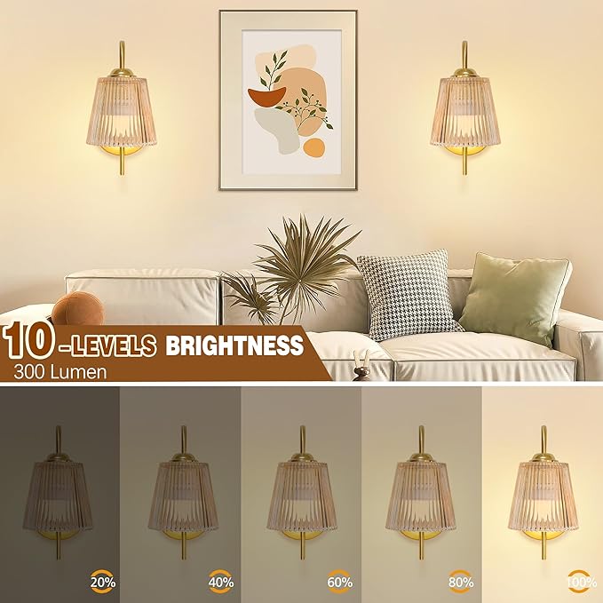 Vintage Battery Operated Wall Sconce with Flower lampshade,Rechargeable Battery Powered Wall Lights,Wall lamp With 15 Colors for Bedroom Living Room Home Decor (Amber Stripe, 2 Light Battery Operated)